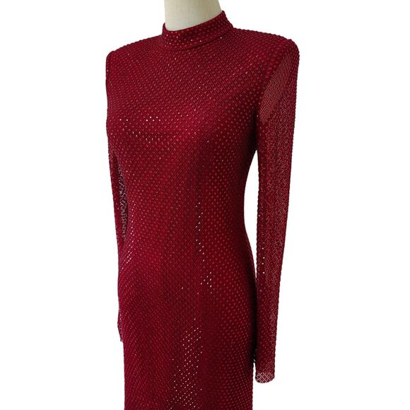 SELF-PORTRAIT Red Crystal-embellished mesh turtleneck midi dress - Picture 6 of 8